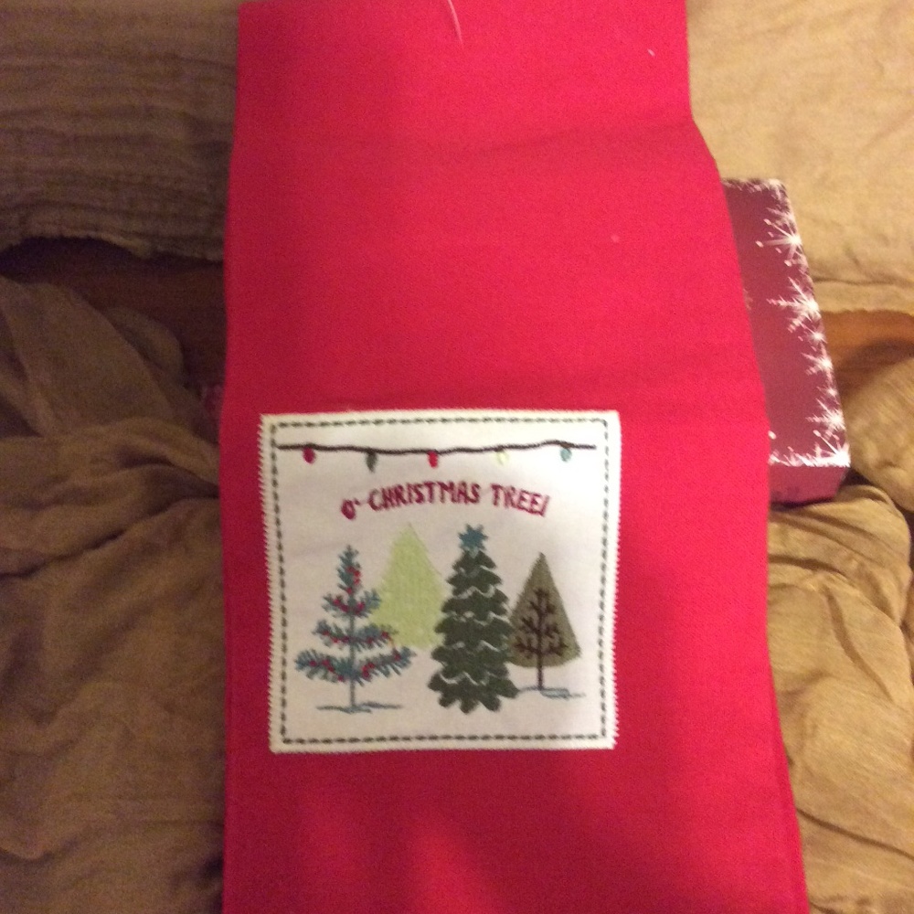 2 red kitchen towels with O’Christmas Tree embroidery